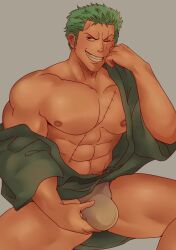 artist_request one_piece half_naked half-dressed half_nude abs six_pack pectorals pecs trapezius looking_at_viewer smile frown frowning malicious_smile exibitionism wanting_sex grabbing_penis grabbing_bulge bulge big_bulge penis_bulge fundoshi underwear kimono_open kimono post-timeskip horny horny_male roronoa_zoro bara barazoku bara_tits bara_tiddies bara_body 1boy male male_only male_focus manly masculine_male gay yaoi solo solo_focus solo_male muscular muscular_male muscles defined_muscles hairless hunk beefy tough_guy bigger_male larger_male tall_male taller_male broad_shoulders scars scar scar_on_face scar_across_eye scar_on_chest green_hair japanese_male pirate big_dick_energy huge_cock big_penis legs_apart
