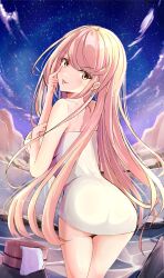 1girls ass blonde_hair breasts bucket earrings hot_spring karuushi large_breasts long_hair looking_at_viewer mythra night nintendo outside starry_sky towel towel_only wooden_bucket xenoblade_(series) xenoblade_chronicles_2 yellow_eyes