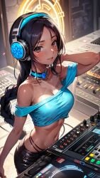 1girls 84crows ai_generated aladdin black_hair black_shorts blue_crop_top braided_ponytail breasts brown_eyes choker crop_top disney dj headphones looking_at_viewer medium_breasts midriff mixing_console navel off_shoulder ponytail princess_jasmine shorts