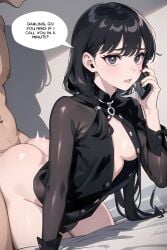 ai_generated black_eyes black_hair caption cheating cheating_female cheating_girlfriend cheating_wife cuckold doggy_style doggy_style english_text eye_contact female_focus from_behind from_behind_position goth goth_girl gothic holding_phone netorare ntr original original_character sex sex_from_behind side_view solo_focus speech_bubble straight taliredmint talking_on_phone talking_to_another text