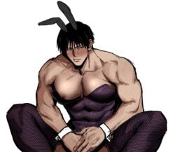 big_breasts big_pecs black_hair blush bunny_ears bunnysuit cuffs_(clothing) fishnet_thighhighs fishnets fushiguro_touji gay jujutsu_kaisen muscular muscular_male nipples owwllly toji_fushiguro yaoi