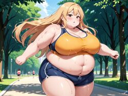 ai_generated blonde_hair fat jogging jogging_outfit large_breasts obese park sweat thick_thighs