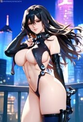 2d ai_generated big_breasts black_hair black_panties gantz gloves hellblueboy4 long_hair outdoors panties shimohira_reika solo solo_female solo_focus tagme