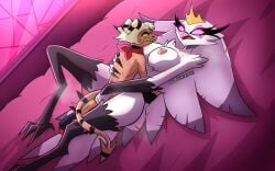 anthro_penetrated anthro_penetrating_anthro avian big_breasts bird_girl clawed_fingers coonfist cum_inside female helluva_boss long_legs male male/female pink_eyes sex size_difference stella_(helluva_boss) straight striker_(helluva_boss)