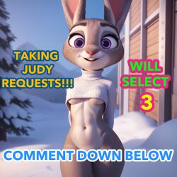 ai_generated anthro bunny bunny_girl furry furry_only half_naked jjjaunts judy_hopps request requesting snow text underboob virgin_destroyer zootopia