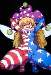 1girls 2d ai_generated american_flag american_flag_bodysuit american_flag_print armpits arms_up belly belly_button below_view blonde_hair blush bodysuit breasts cameltoe clownpiece fairy fairy_wings female hat hips legs_apart long_hair nipple_bulge nipples nipples_visible_through_clothing red_eyes smakiel small_breasts solo source spread_legs squatting sweat sweating thick_thighs thighs tongue tongue_out touhou wide_hips wings