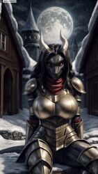 ai_generated anthro armor artist_name black_hair breastplate breasts castle cloud female female_anthro full_moon furry furry_female hi_res high_resolution highres horns large_breasts long_hair looking_at_viewer moon night outdoors pauldrons photorealistic realistic red_eyes red_scarf scarf shoulder_armor sitting sky snow snowing solo stable_diffusion twitter twitter_username watermark yiffyjiffy2 yiffyjiffy69