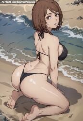 ai_generated aindroidparanoid ass ass_focus beach big_breasts bikini brown_eyes brown_hair cigarette fat_ass huge_ass huge_breasts jujutsu_kaisen large_breasts looking_at_viewer looking_back narrow_waist ocean outdoors sand sea shoko_ieiri short_hair slim_waist smoking stable_diffusion taller_girl