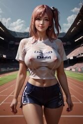 ai_generated day dead_or_alive honoka_(doa) huge_breasts light_smile nipple_outline rekcah_mhf sheer_clothes sunshine t-shirt taut_shirt tiny_pants track walking