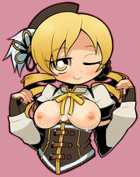 beret blonde_hair breasts cum cum_on_body cum_on_breasts cum_on_upper_body detached_sleeves drill_hair female female_only fingerless_gloves gloves hat human mahou_shoujo_madoka_magica short_hair solo soxy tied_hair tomoe_mami twintails