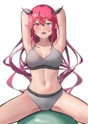 1girls armpits camel_toe cameltoe exercise exercise_ball female female_only hands_behind_head heterochromia hololive hololive_english hololive_english_-promise- horns irys light-skinned_female light_skin midriff pointy_ears project:_hope red_hair shift_(shiftillust) solo sports_bra sportswear sweat sweating tagme virtual_youtuber yoga_ball