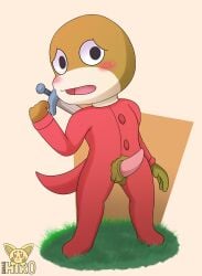 acts_like_cub anthro bovid bovine centaurworld clothing crotchless_clothing embarrassed erection hi_res lizard male mammal melee_weapon mythology netflix nyanhiro onesie phillip_j._bonecrunch reptile scalie solo stabby sword torn_clothing weapon