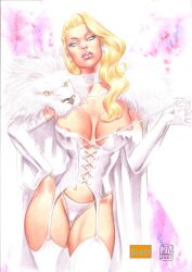 blonde_hair breasts cape choker cleavage corset curvy curvy_female earrings elbow_gloves emma_frost female garter_straps hellfire_club hourglass_figure huge_breasts jarbas_nogueira lion marvel marvel_comics navel nipple_slip nipples panties thick_thighs thighhighs white_eyes white_lingerie white_lion white_queen x-men