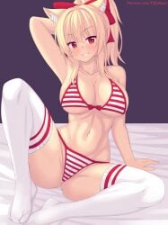 1girls animal_ears bikini blonde_hair breasts cat_ears cat_girl catgirl female huge_breasts kemonomimi large_breasts light-skinned_female light_skin long_hair looking_at_viewer nekomimi original original_character red_eyes smile striped_bikini tiffy tiffynyaa