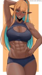 1girls abs arm_up armpit armpits arms_up athletic_female belly belly_button big_breasts blonde blonde_female blonde_hair blue_eyes blush blushing breasts busty curvaceous curves curvy curvy_body curvy_female curvy_figure curvy_hips dark-skinned_female dark_elf dark_skin edmun elezen elf elf_ears elf_female final_fantasy final_fantasy_xiv fit fit_female hadairu_koseiri hand_on_hip hips huge_breasts large_breasts multicolored_hair muscular muscular_female navel pointy_ears ponytail revealing_clothes smile smiling sports_bra sports_shorts sportswear sporty sweat sweating sweaty sweaty_body tagme thick thick_thighs tied_hair toned toned_female tummy wide_hips