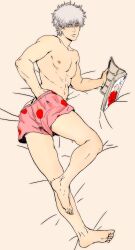 19csupervillain barefoot boxers dakimakura dakimakura_design full_body gintama gintoki_sakata hand_in_pants hand_in_underwear hand_on_ass itching looking_at_viewer looking_back male male_only on_bed on_side pecs reading solo strawberry_print toned toned_male topless topless_male underwear white_hair