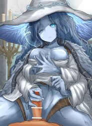 absurdres bar_censor blue_eyes blue_skin breasts candle censored cloak colored_skin convenient_censoring cowgirl_position cracked_skin elden_ring female frown fur_cloak handjob hat highres large_hat leogust medium_breasts mosaic_censoring multi_arm multi_face multi_limb no_nipples no_panties one_eye_closed penis ranni_the_witch textless_version underboob witch_hat