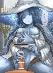 absurdres bar_censor blue_eyes blue_skin breasts candle censored cloak colored_skin convenient_censoring cowgirl_position cracked_skin elden_ring female frown fur_cloak handjob hat highres large_hat leogust medium_breasts mosaic_censoring multi_arm multi_face multi_limb no_nipples no_panties one_eye_closed penis ranni_the_witch underboob witch_hat