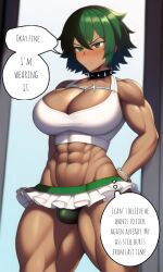 1futa ai_generated bulge cute dom_to_sub embarrassed frills frown futanari futasub green_eyes green_hair large_breasts male_on_futa morgan_(xdk141) novelai panties pov skimpy skirt speech_bubble topwear xdk141