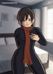 attack_on_titan bedroom black_eyes black_hair female fluffyvendetta loving_gaze luscious_lips lustful_gaze mikasa_ackerman red_scarf scarf short_hair solo solo_female solo_focus thin_clothing tight_clothing tomboy