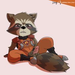 1boy anthro biting_lip blush bodily_fluids clothing crotchless_clothing cum cum_drip diam_snow dripping genital_fluids guardians_of_the_galaxy leaking_precum male male_only mammal marvel masturbation precum procyonid raccoon rocket_raccoon solo uniform