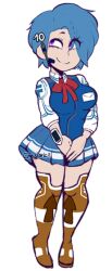 alice_(10_minute_mail) arms_behind_breasts big_breasts big_butt blue_hair chezismeh child_bearing_hips logo_on_clothes mascot ribbon sfw smirking_at_viewer thighhighs watermark