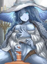 ;o absurdres bar_censor blue_eyes blue_skin breasts candle censored cloak colored_skin convenient_censoring cowgirl_position cracked_skin cum ejaculation elden_ring female fur_cloak handjob hat highres large_hat leogust medium_breasts mosaic_censoring multi_arm multi_face multi_limb no_nipples no_panties one_eye_closed penis ranni_the_witch textless_version underboob witch_hat