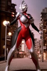 ai_generated belly_button breasts building female heroine large_breasts latex latex_gloves latex_suit solo solo_female thick_thighs tight_clothing ultraman_(franchise) ultrawoman_thiccga_(tiga63)