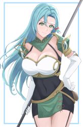 1girls aqua_hair armor bare_thighs black_dress bow braid breastplate breasts chloe_(fire_emblem) cleavage commentary covered_navel cowboy_shot dress elbow_gloves female female female_only fire_emblem fire_emblem_engage garter_straps gloves green_eyes hairbow highres large_breasts long_hair looking_at_viewer nintendo orange_bow pauldrons pencil_dress shoulder_armor smile solo standing thighs tourniquet_(tourniquet_tk) very_long_hair white_background white_gloves