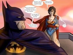 1girls 2015 arm_under_breasts batman batman_(series) big_breasts black_hair bruce_wayne clark_kent cleavage dc_comics english_text hand_on_thigh holding_arm hourglass_figure leotard rule_63 sampleguy short_black_hair short_hair speech_bubble superman superman_(series) text