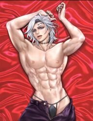 abs armpits arms_raised arms_up biceps black_nails earrings hades_(shuumatsu_no_valkyrie) male male_only muscles muscular muscular_arms muscular_male panties pecs record_of_ragnarok red_background shaved_armpit shuumatsu_no_valkyrie solo solo_focus tagme unzipped_pants white_hair