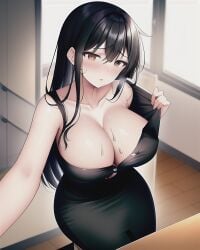 1girls ai_generated alluring big_breasts cleavage collarbone large_breasts office_lady pencil_skirt pulling_shirt school skirt sweat teacher