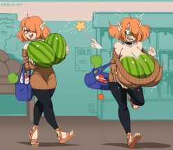 1girls absorption bag breast_expansion fusion gigantic_breasts glasses huge_breasts hyper hyper_breasts magic_wand market orange_hair pointy_ears sandals surprised sutibaru sweater tagme transformation watermelon watermelon_transformation_to_breast