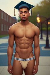 3d 3d_(artwork) abs african african_male ai_generated biceps big_bulge bulge bulging_biceps dark-skinned_male dark_skin gooeyvision graduation graduation_cap huge_bulge looking_at_viewer male male_only melanin muscles muscular muscular_male pecs shirtless_male smooth_chest smooth_skin underwear underwear_only