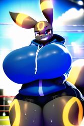 ai_generated anthro big_breasts eeveelution fighting_stance grin hoodie huge_breasts huge_thighs novelai pokemon pokemon_(species) ready_for_battle sweat sweating thick_thighs training umbreon workout wrestling