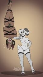 absurd_res anthro azzy_(azzydrawsstuff) balls bighorn_sheep bondage bondage bound bovid breasts caprine duo female fishnet gag gagged genitals goat hi_res kittydee male male/female mammal penis sheep suspension suspension_bondage wren_(azzydrawsstuff)