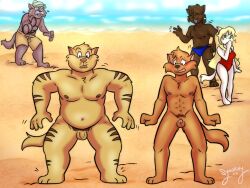 1girls 2boys 4boys anthro balls beach blonde_hair chance_furlong chubby_male clothing domestic_cat felid feline felis female fur genitals group hair hanna-barbera hanna_(disambiguation) humanoid_genitalia humanoid_penis humiliation jake_clawson laugh laughing_at looking_at_genitalia looking_at_penis looking_down male male/female male/male mammal nipples nude penis pops_perkins pubes public public_nudity sand seaside stripes swat_kats swimwear syaokitty tail water white_body white_fur