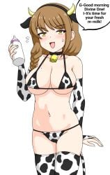 1girls beauty_mark bell bell_collar bottle braid braided_ponytail breasts brown_hair cow_print cow_print_bikini english_text female female_only fire_emblem fire_emblem_engage goldmary_(fire_emblem) hair_over_shoulder large_breasts looking_at_viewer medium_hair milk mole mole_on_breast nervous nintendo open_mouth side_ponytail sideboob smile solo suggestive text thighhighs underboob white_background yellow_eyes yiku1707