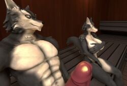 2022 3d_(artwork) anthro bench big_breasts big_penis blue_eyes breasts canid canine canis closed_eyes covering covering_breasts covering_crotch covering_self detailed_background digital_media_(artwork) duo erection female fur genitals grey_body grey_fur huge_cock looking_at_another male mammal multicolored_body multicolored_fur muscular muscular_male novaparadox novaparadox1337 penis petruz_(copyright) sauna sitting_on_bench smile source_filmmaker white_body white_fur wolf wolf_(petruz)