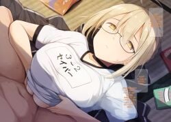 1boy ahoge artoria_pendragon artoria_pendragon_(fate) bangs blonde_hair blush boy_on_top braid breast_squeeze breasts choker fate/grand_order fate_(series) female french_braid glasses hair_between_eyes hair_bun hard_translated kurikara large_breasts long_hair lying mysterious_heroine_x_(alter) on_back paizuri paizuri_under_clothes shirt short_sleeves sidelocks straight translated white_shirt yellow_eyes