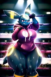 ai_generated anthro big_breasts eeveelution fighting_stance grin hoodie huge_breasts huge_thighs novelai pokemon pokemon_(species) ready_for_battle sweat sweating thick_thighs training umbreon victory_pose workout wrestling