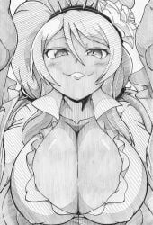 1girls ageha_(senran_kagura) bangs cleavage collarbone female frills front_view ha_jin hair_between_eyes hairband huge_breasts looking_at_viewer monochrome nipple_bulge pencil_(artwork) pov senran_kagura simple_background smile solo_focus tan_skin very_long_hair white_background