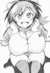 1girls :d asuka_(senran_kagura) bangs cleavage eyebrows_visible_through_hair female ha_jin hair_between_eyes hair_ornament huge_breasts jacket light-skinned_female light_skin looking_at_viewer looking_up marvelous monochrome nipple_bulge open_mouth pencil_(artwork) ponytail scarf senran_kagura simple_background sitting skindentation smile solo teeth thick_thighs thigh_gap thighhighs tight_clothing tongue white_background zipper