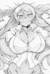 1girls ageha_(senran_kagura) bangs bed blush cleavage collarbone female female_focus front_view groin ha_jin hair_between_eyes holding_hands huge_breasts laying_down looking_at_viewer midriff monochrome navel nipple_bulge pencil_(artwork) pov senran_kagura shirt smile solo_focus tan_skin very_long_hair