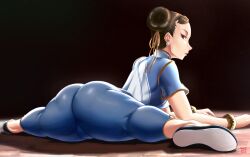 1girls alternate_version_available ass ass_focus brown_hair capcom chun-li dat_ass female female_only finalcake fully_clothed hair_buns huge_ass large_ass solo splits street_fighter street_fighter_6 thick_thighs tight_clothing wide_hips