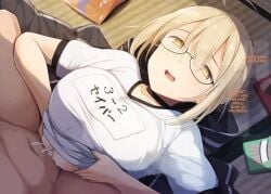 1boy ahoge artoria_pendragon artoria_pendragon_(fate) bangs blonde_hair blush boy_on_top braid breast_squeeze breasts choker cum cum_on_breasts ejaculation ejaculation_between_breasts fate/grand_order fate_(series) female french_braid glasses hair_between_eyes hair_bun hard_translated kurikara large_breasts long_hair lying mysterious_heroine_x_(alter) on_back paizuri paizuri_under_clothes shirt short_sleeves sidelocks straight translated white_shirt yellow_eyes