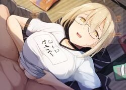 1boy ahoge artoria_pendragon artoria_pendragon_(fate) bangs blonde_hair blush boy_on_top braid breast_squeeze breasts choker fate/grand_order fate_(series) female french_braid glasses hair_between_eyes hair_bun hard_translated kurikara large_breasts long_hair lying mysterious_heroine_x_(alter) on_back paizuri paizuri_under_clothes shirt short_sleeves sidelocks straight translated white_shirt yellow_eyes