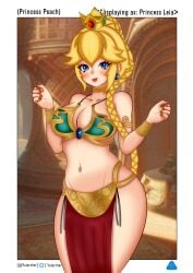 1girls bare_arms bare_legs bare_midriff bare_shoulders bare_thighs belly_button big_breasts bikini bikini_top blonde_hair blonde_ponytail blue_earrings blue_eyes blush blushing_at_viewer breasts cleavage collar cosplay crossover crown earrings female female_only gold_bikini gold_bikini_top gold_collar golden_bikini golden_bikini_top golden_collar large_breasts lipstick loincloth long_hair long_ponytail mario_(series) metal_bikini metal_collar midriff nail_polish navel nintendo ponytail princess_peach red_loincloth red_nail_polish slave slave_bikini slave_collar slave_leia slave_leia_(cosplay) slave_outfit slavegirl smile solo standing star_wars super_smash_wars text thick_thighs tied_hair w_arms white_border yularcher