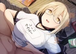 1boy ahoge artoria_pendragon artoria_pendragon_(fate) bangs blonde_hair blush boy_on_top braid breast_squeeze breasts choker cum cum_on_breasts ejaculation ejaculation_between_breasts fate/grand_order fate_(series) female french_braid glasses hair_between_eyes hair_bun hard_translated kurikara large_breasts long_hair lying mysterious_heroine_x_(alter) on_back paizuri paizuri_under_clothes shirt short_sleeves sidelocks straight translated white_shirt yellow_eyes