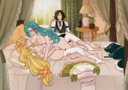 1boy 2girls barefoot bed bedroom blonde_hair blue_hair braid breasts celine_(fire_emblem) chloe_(fire_emblem) clothes_removed completely_nude dress female_focus fingering fingering_partner fire_emblem fire_emblem_engage green_eyes grin indoors kneeling long_hair louis_(fire_emblem) medium_breasts multiple_girls naked_thighhighs nintendo nipples nude nude_female on_back on_bed open_mouth pillow quan_ming sex small_breasts smile thighhighs vaginal_penetration very_long_hair voyeur yuri